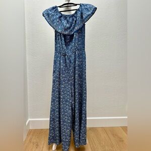 Blue Floral Offer shoulder Wide Leg Jumpsuit
